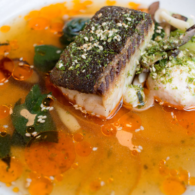 Black Cod with shrimp dumpling, shimeji, furikake, chili oil, orange dashi
