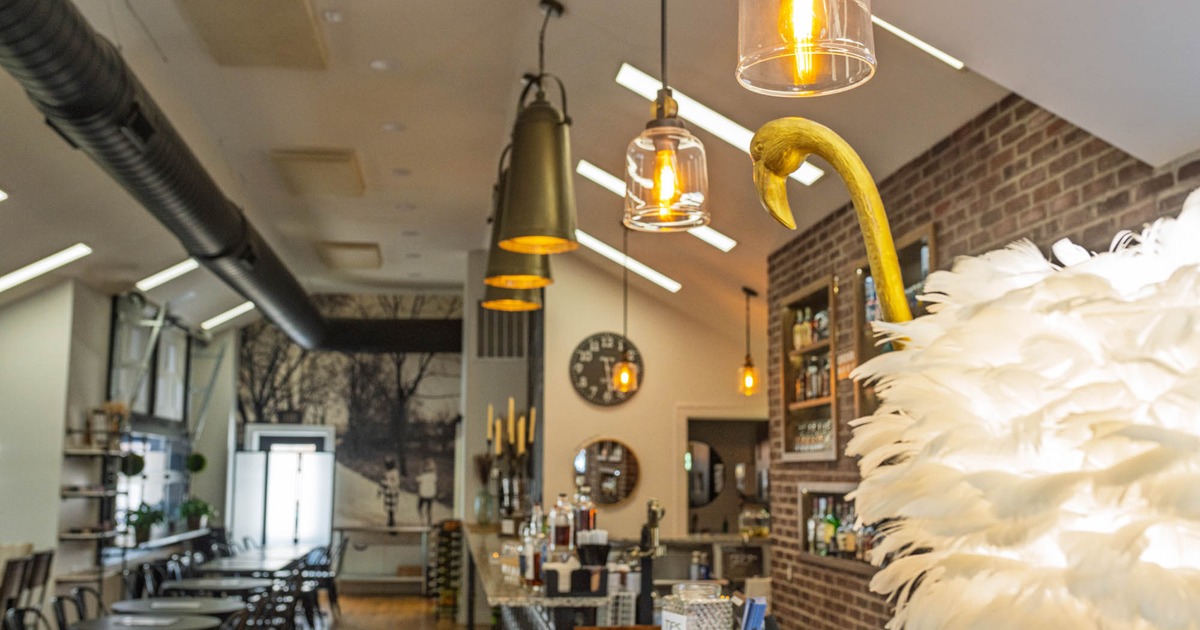 The serving counter, lights, decorations