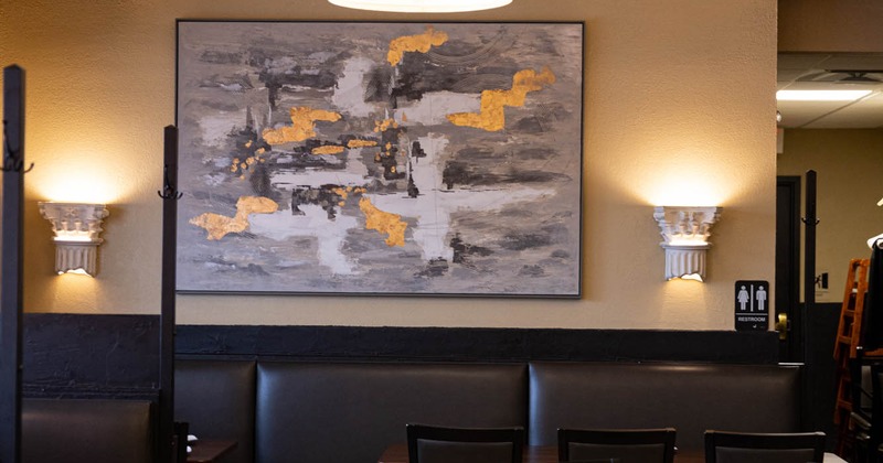 Interior, booths with tables and chairs