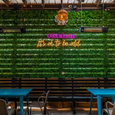 Tables and chairs outside.