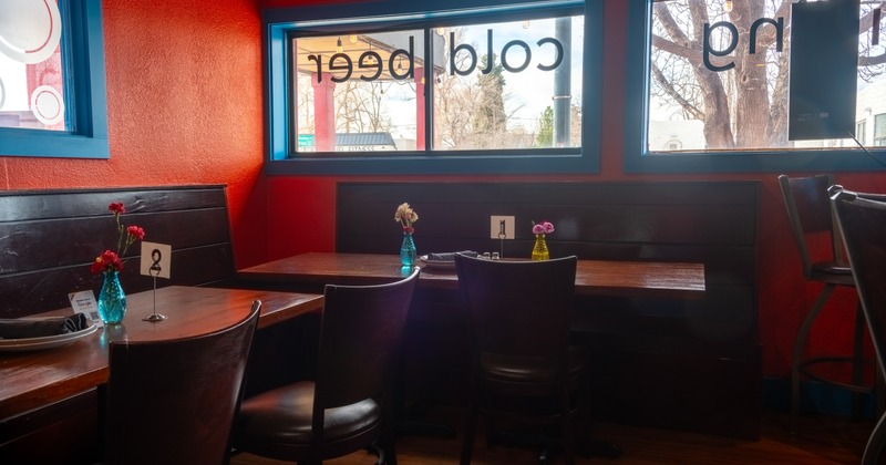 Interior, seating area, wooden benches and tables