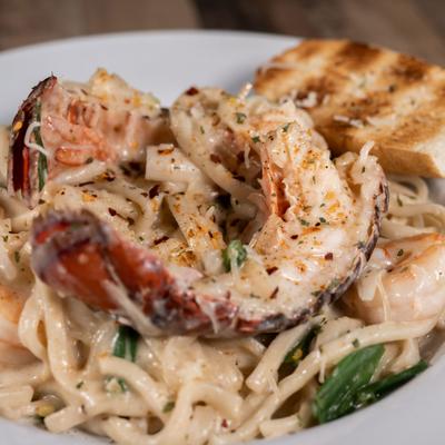 Lobster and Shrimp Cajun Alfredo, close-up.