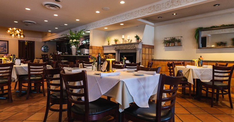 Interior, tables and chairs set for guests