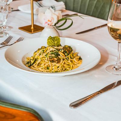 Spaghetti with zucchini and herbs.
