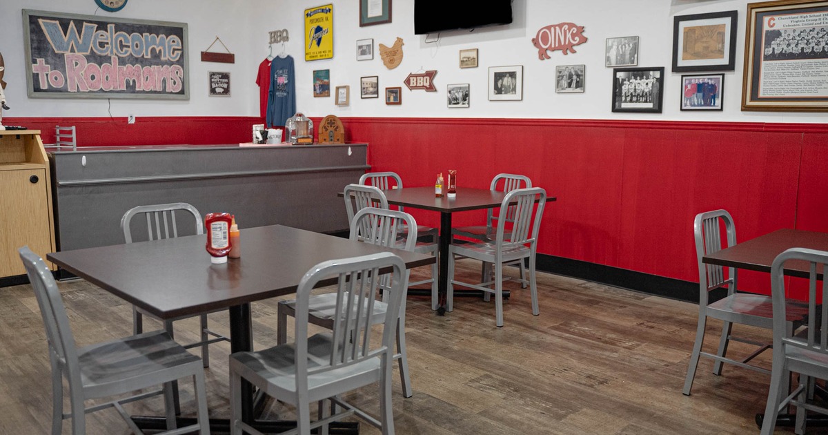 Interior seating area, tables with four chairs