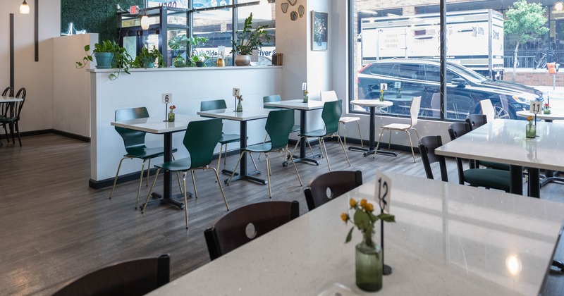 Interior, seating area with large windows