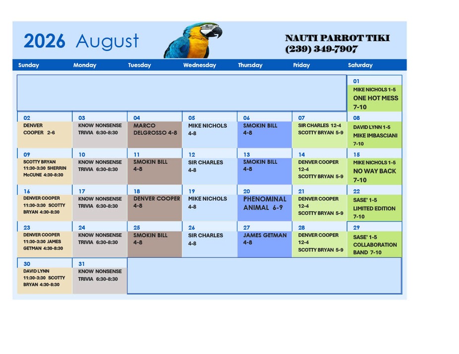 Tiki Hut Events Calendar 