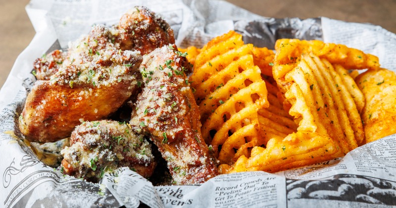 Garlic parmesan chicken wings, with waffle fries