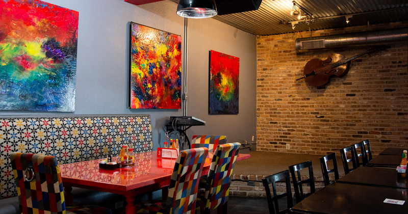 Interior decorated with colorful paintings