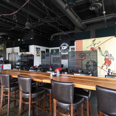 Interior, tables and chairs.