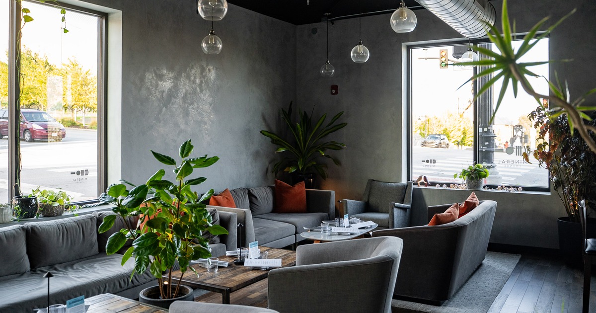 A modern and stylish lounge area with comfortable gray sofas and armchairs