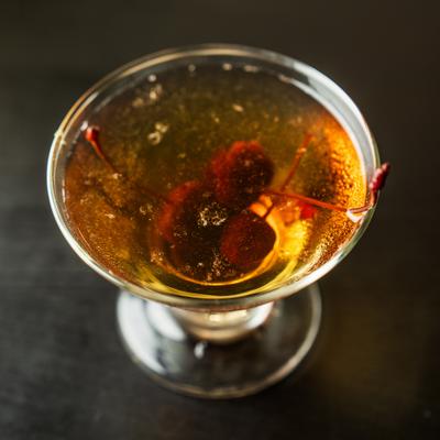 Manhattan cocktail, overhead view.