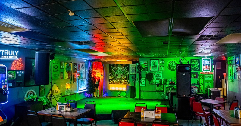 Interior, seating area in front of the big stage