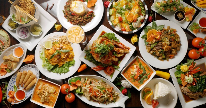 An assortment of dishes on a table, flat lay