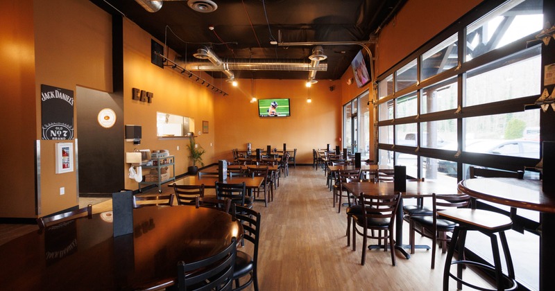 Interior, tables and chairs lined up