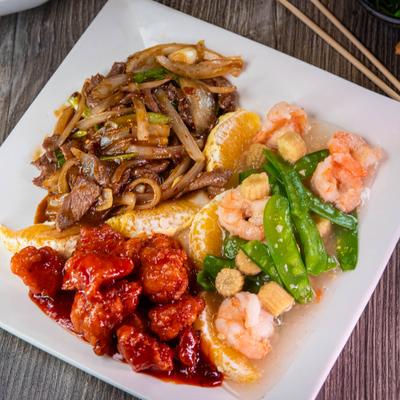 Bamboo gardener trio with Mongolian beef, General Tso's chicken and shrimp.