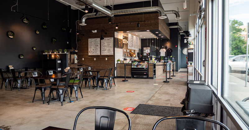restaurant interior, counter, tables and chairs