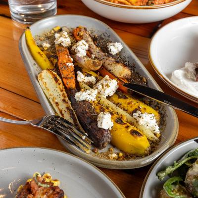 Roasted Carrots with labneh, za'atar, and whipped honey.