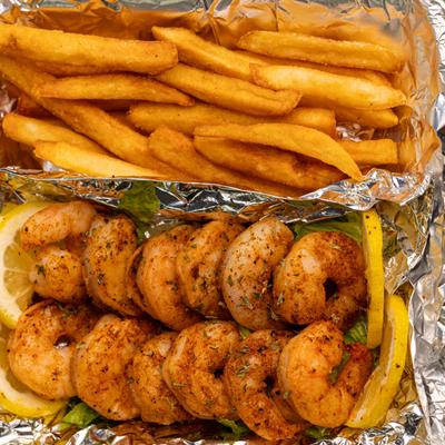 Grilled shrimp, and fries.