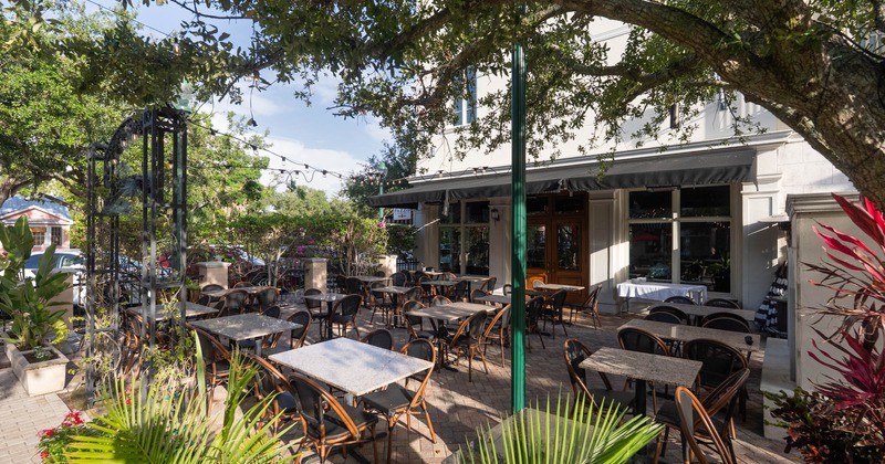 Exterior, wide view of outdoor seating area