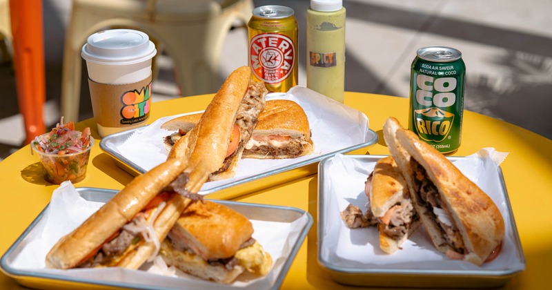 Various sandwiches and drinks