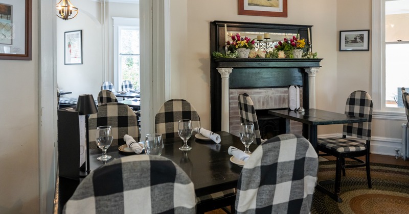Interior, dining space with a fireplace