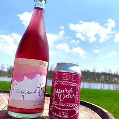 Sparkling Rose Wine Piquette bottle and Rose Hard Cider can.