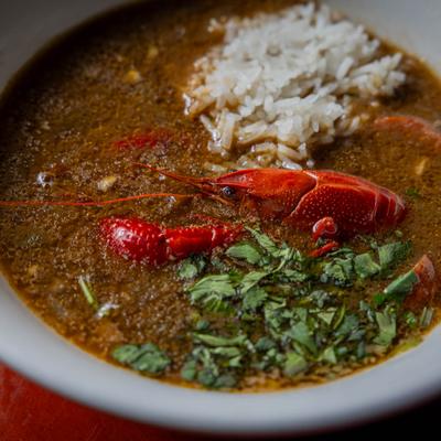Seafood Gumbo with shrimp, crawfish tails, crab meat, and rice.