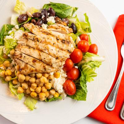 Chicken Mediterranean salad, overhead view