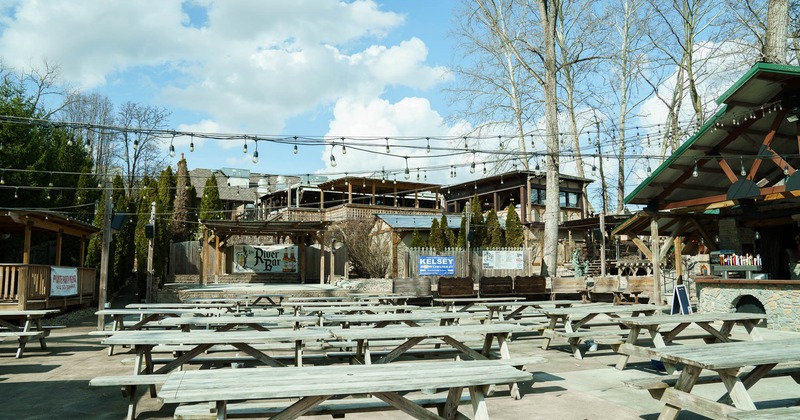 Exterior, wooden tables with benches