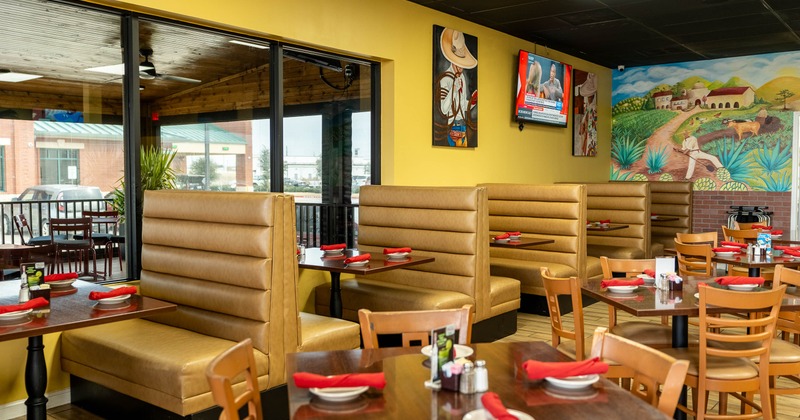 Interior, restaurant booths in dining area
