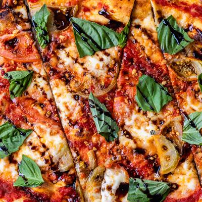 Fresh Mozz Pizza, top view extreme close up shot.