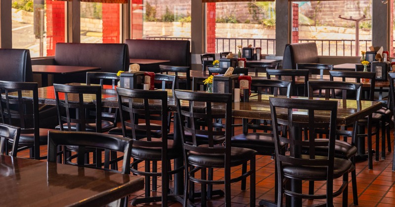 Interior, wooden tables and chairs