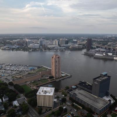 Aerial view, city, the Elizabeth River, marina.