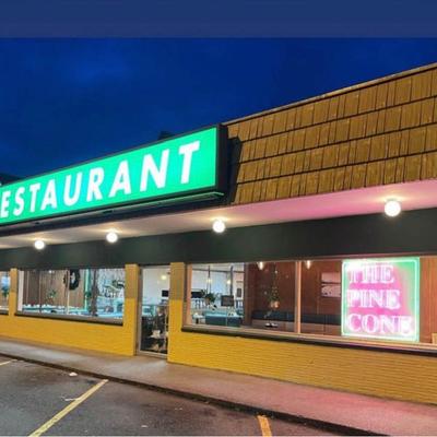 Exterior, restaurant front entrance and parking lot.