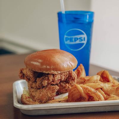The clucking hen burger and fries.