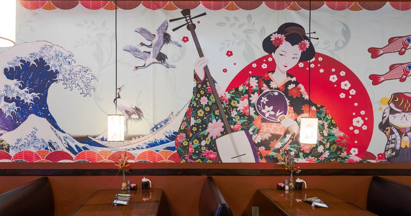 Interior, booths, Japanese modern and traditional print decoration on the wall