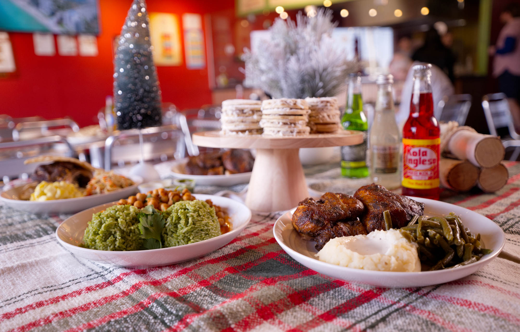 Various dishes served, table spread, front view