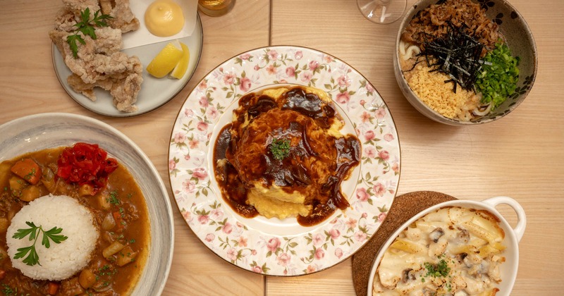 Assortment of food dishes displayed on a table, top view