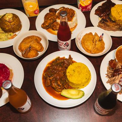 Assorted food and drinks on the table.