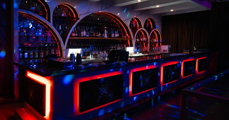Interior, bar area, neon lighting, large arched shelves with drinks