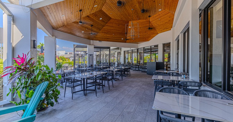 Outdoor, covered patio with tables and chairs