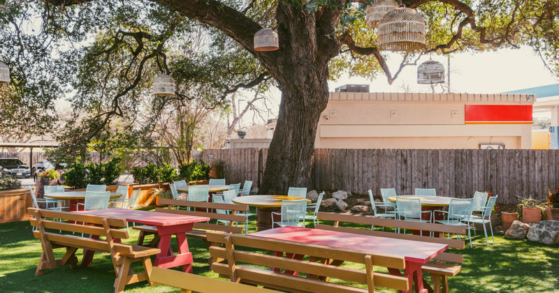 Patio area, tables ready for guests