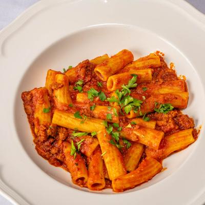 Rigatoni Bolognese pasta.
