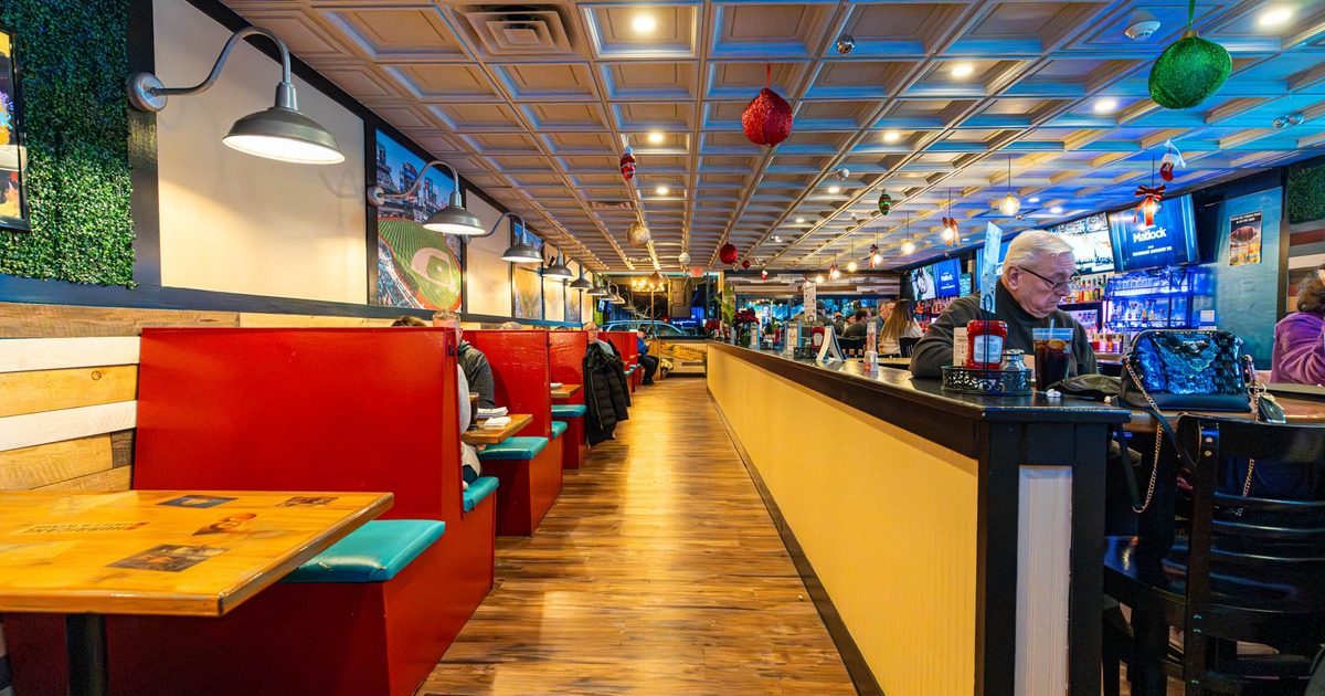 Interior, tables and seating booths lined up