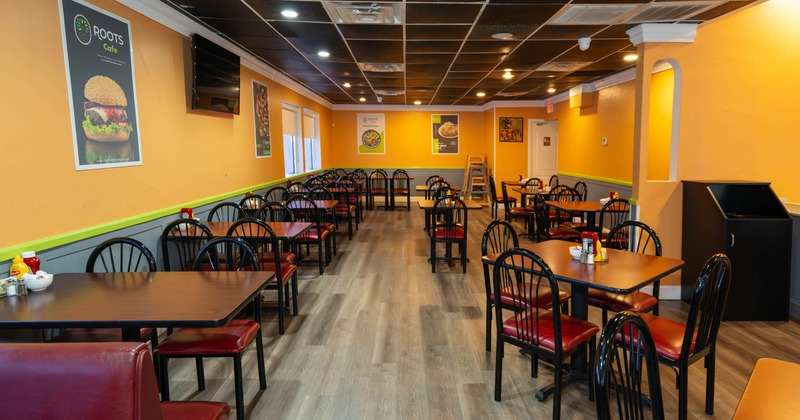 Interior seating area with chairs and tables