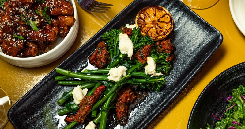 Roasted broccolini served with mozzarella, grilled lemon and sun-dried tomato