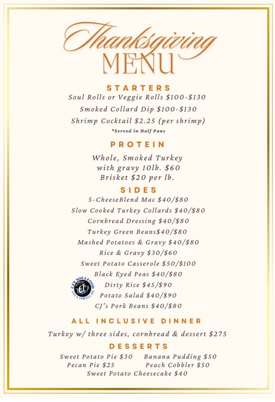 Thanksgiving Menu for November 28th, 2024 event photo