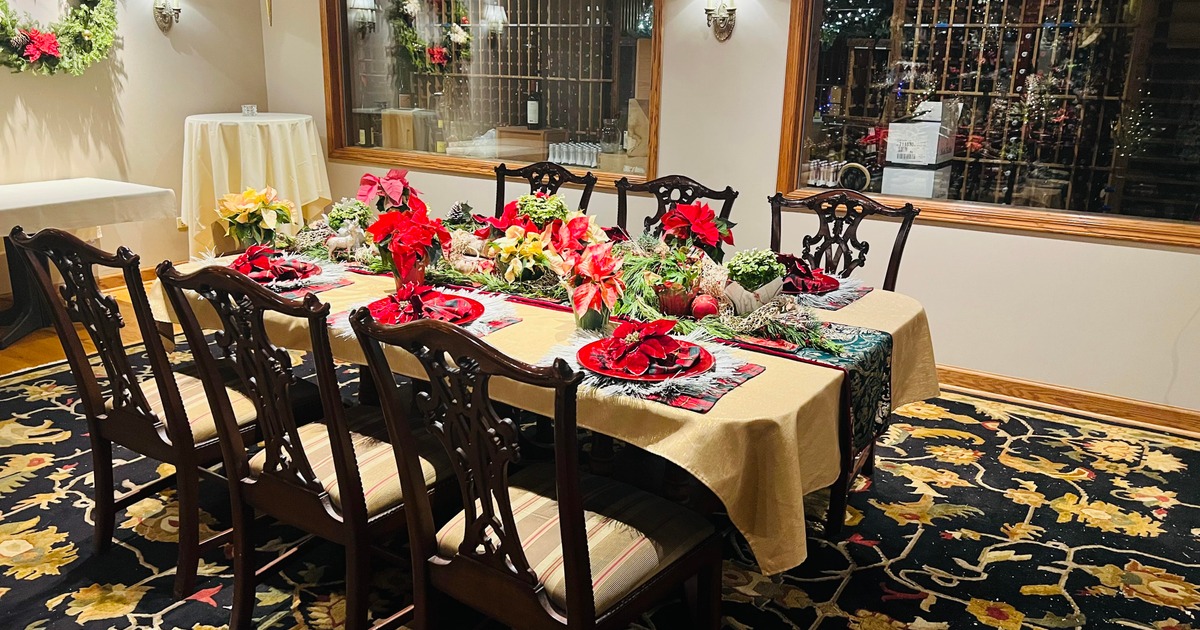 Cellar room, fully set and decorated dining table