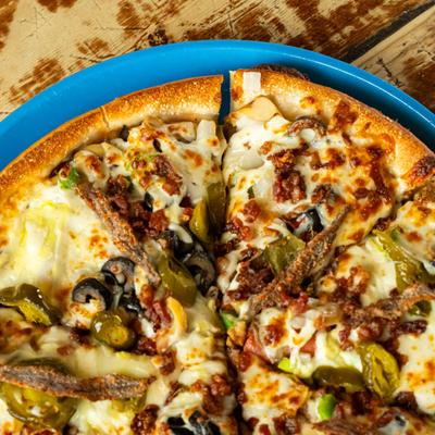 A close-up of The Everything Pizza.